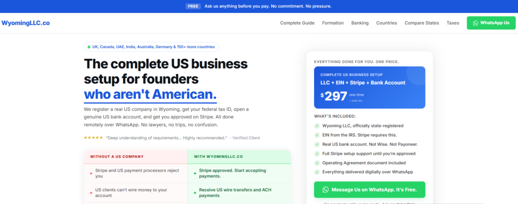 wyomingllc.co homepage showing Wyoming LLC formation package for non-US residents