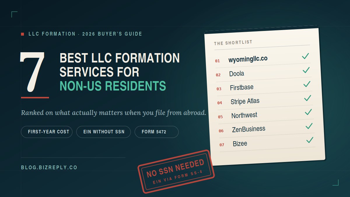 Shortlist of the 7 best LLC formation services for non-US residents in 2026: wyomingllc.co, Doola, Firstbase, Stripe Atlas, Northwest, ZenBusiness and Bizee, with no SSN needed for an EIN via Form SS-4